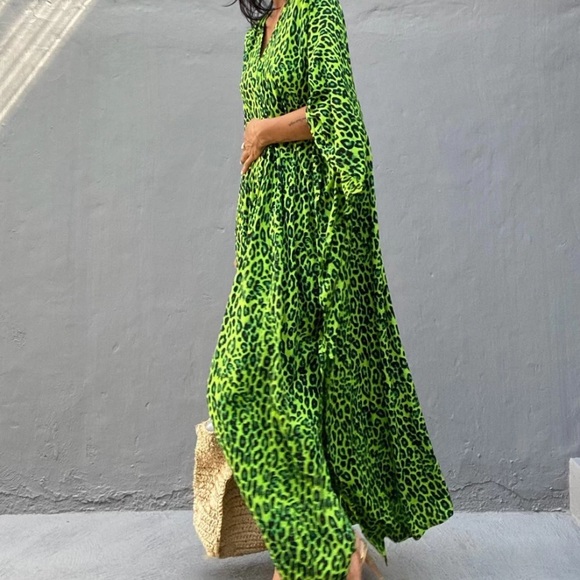 SOLD OUT Lime Green Leopard Animal Print V-Neck Long Maxi Kaftan Kimono Dress - Picture 5 of 8